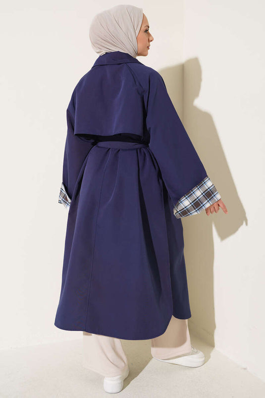 Wickelkragen Karierter Trenchcoat Navy