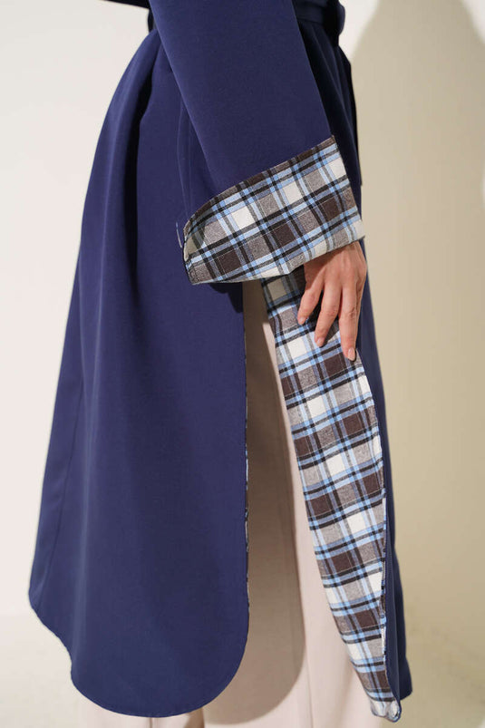 Wickelkragen Karierter Trenchcoat Navy