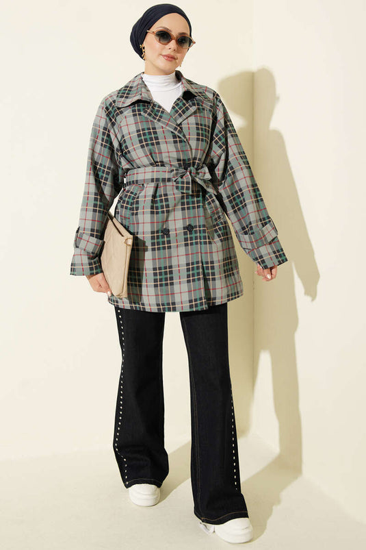 Trench-Coat À Col Croisé À Carreaux Gris