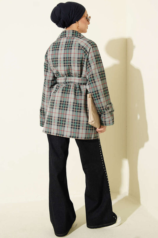 Trench-Coat À Col Croisé À Carreaux Gris