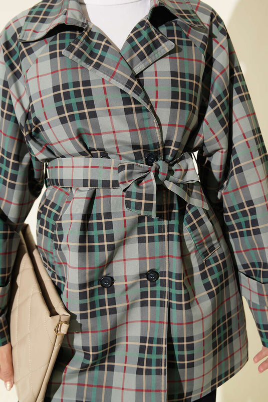 Trench-Coat À Col Croisé À Carreaux Gris