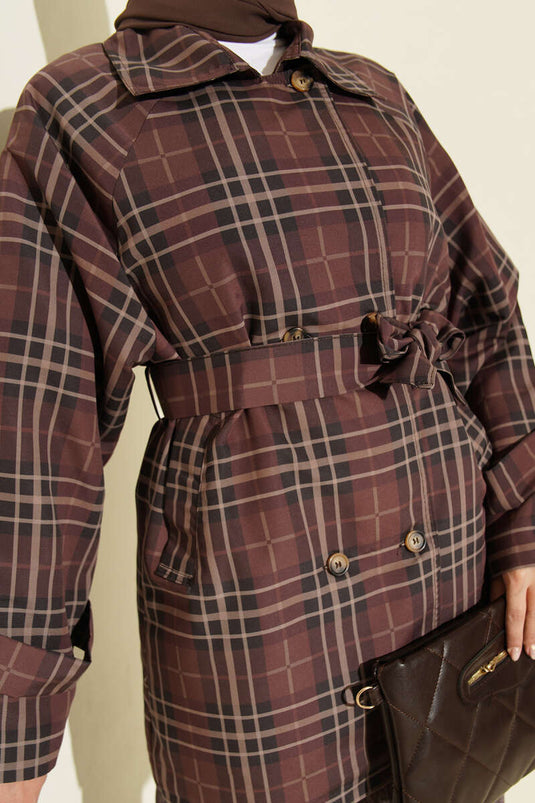 معطف ترنش بق Collar ملفوف ونقش مربعات بني