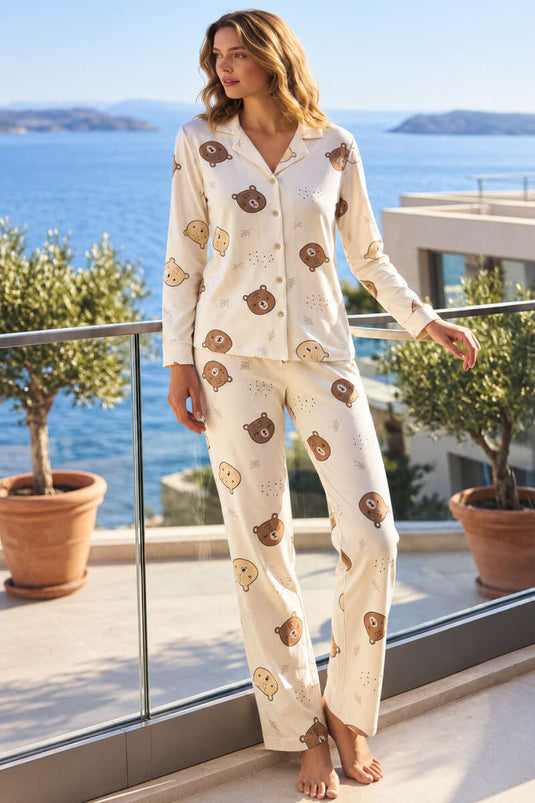 Wrap Kraag Gebreide Pyjama Set Beige