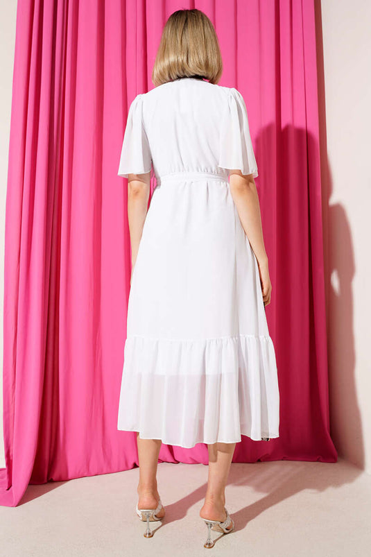 Vestido midi de gasa con volantes y cuello cruzado, blanco