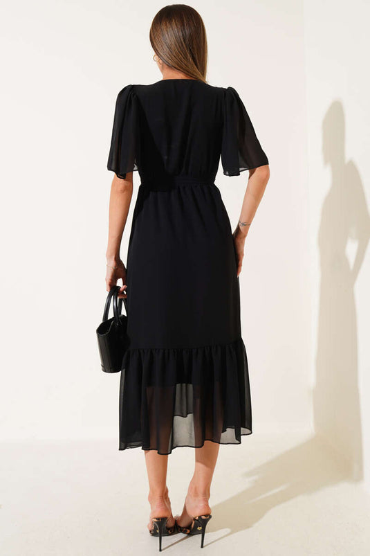 Schwarzes, gerüschtes Chiffon-Midikleid mit Wickelkragen