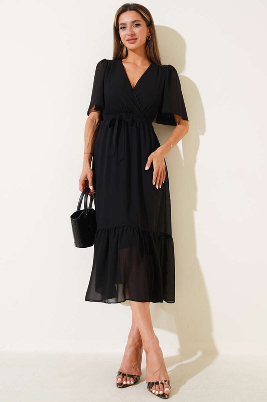 Schwarzes, gerüschtes Chiffon-Midikleid mit Wickelkragen