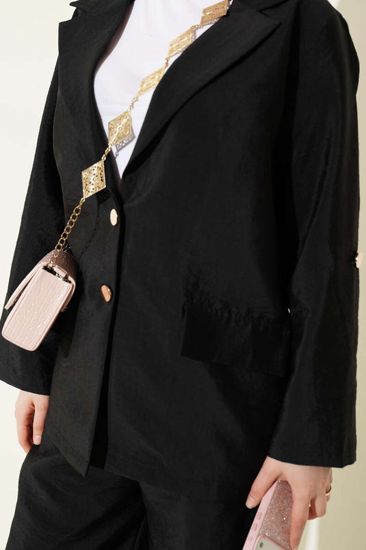 Kreuzkragen Blazer-Set mit goldenen Knöpfen Schwarz