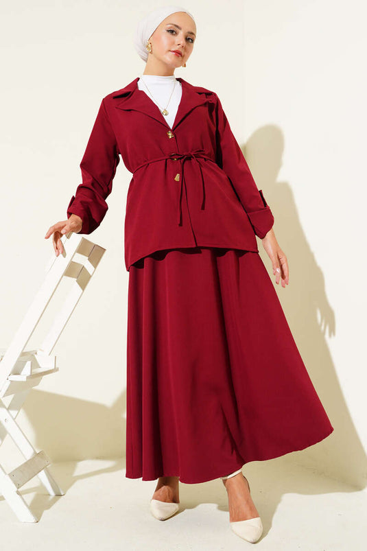 Double-breasted Collar Gold Buttoned Double Breasted Two-Piece Suit Burgundy