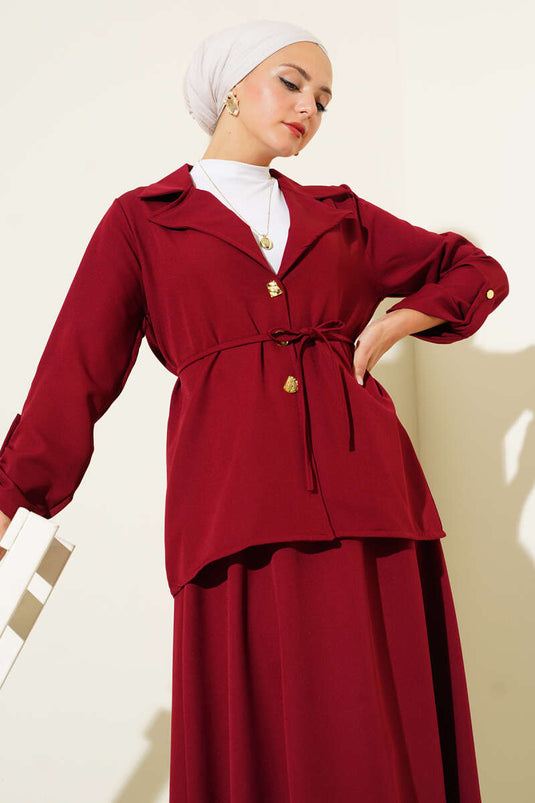 Double-breasted Collar Gold Buttoned Double Breasted Two-Piece Suit Burgundy