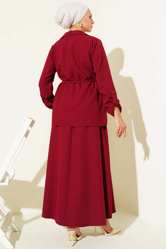 Double-breasted Collar Gold Buttoned Double Breasted Two-Piece Suit Burgundy