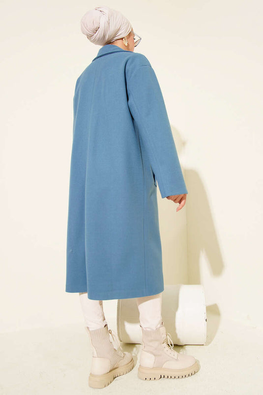 معطف كشمير أزرق مزدوج الصدر بزرين