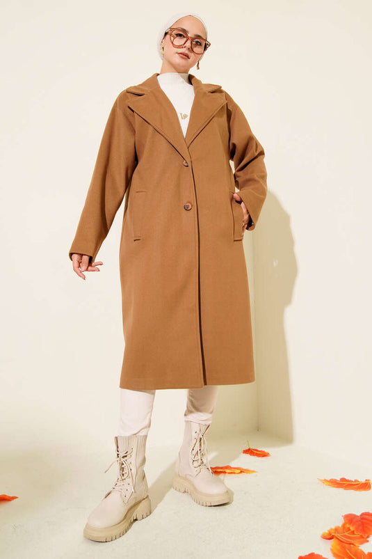 Double-breasted Two-Button Detailed Cashmere Coat in Tan