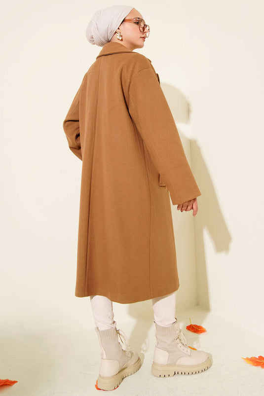 Double-breasted Two-Button Detailed Cashmere Coat in Tan