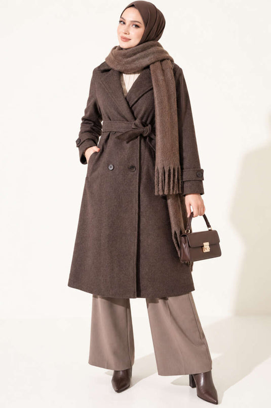 Wrap Collar Double Button Wool Coat In Spicy Brown
