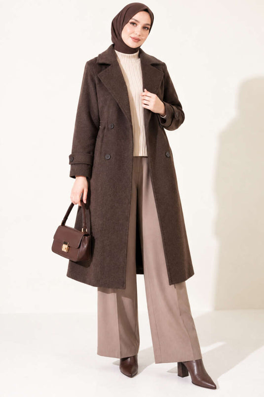 Wrap Collar Double Button Wool Coat In Spicy Brown