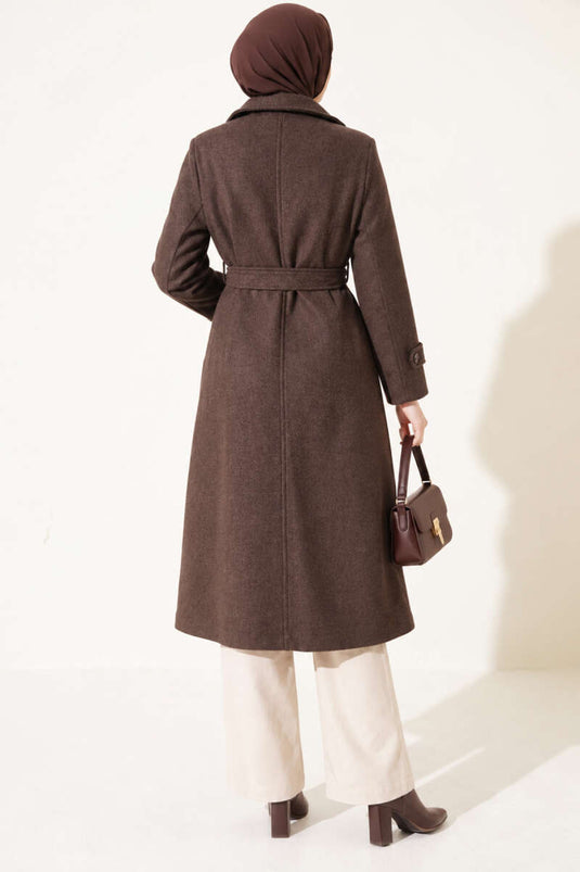 Wrap Collar Double Button Wool Coat In Spicy Brown