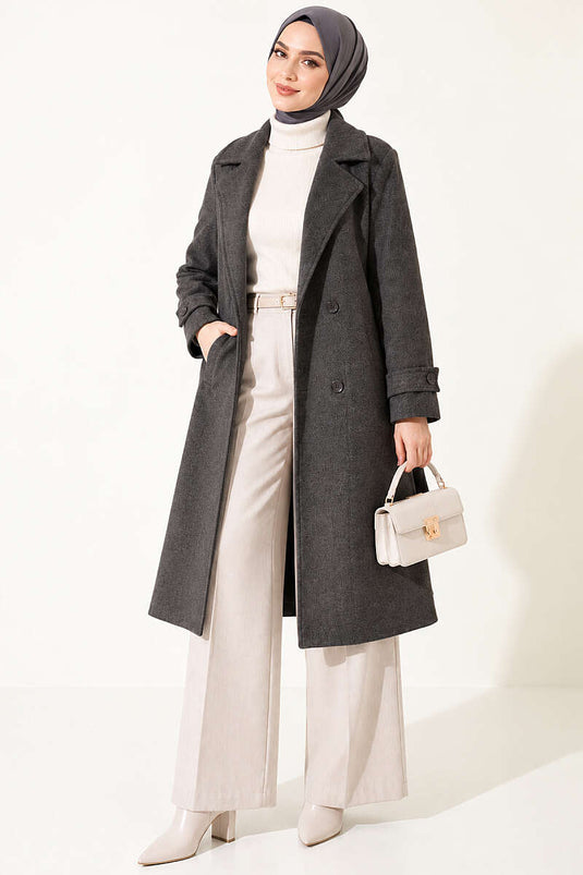 Wrap Collar Double Button Wool Coat Anthracite