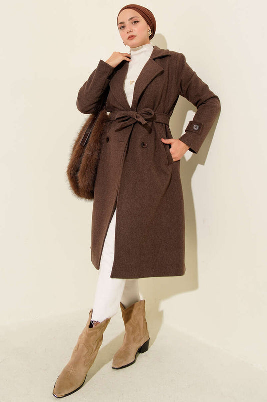 Abrigo cruzado de cachemira con dos botones marrón