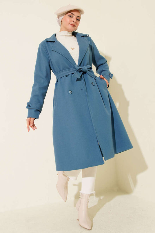 Blue Mohair Overcoat with Crossover Collar and Two Buttons