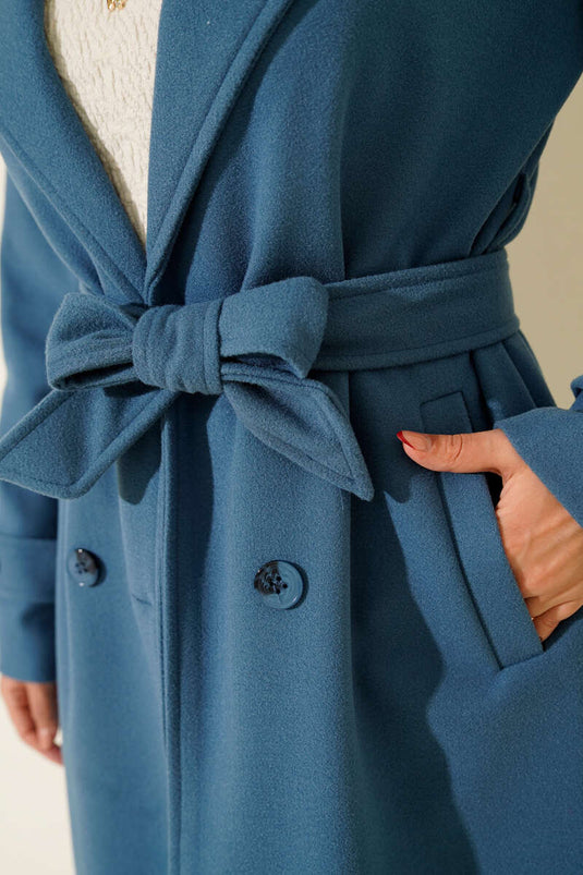 Blue Mohair Overcoat with Crossover Collar and Two Buttons