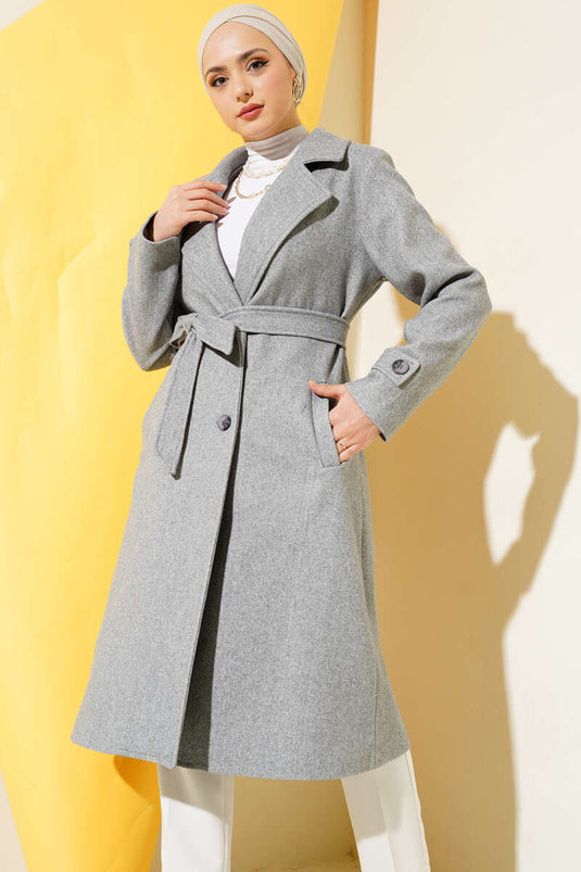 Kruvaze Yaka İki Düğmeli Kaşe Kaban Melanj Gri