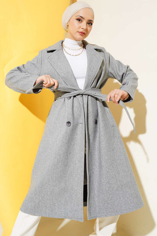 Kruvaze Yaka İki Düğmeli Kaşe Kaban Melanj Gri