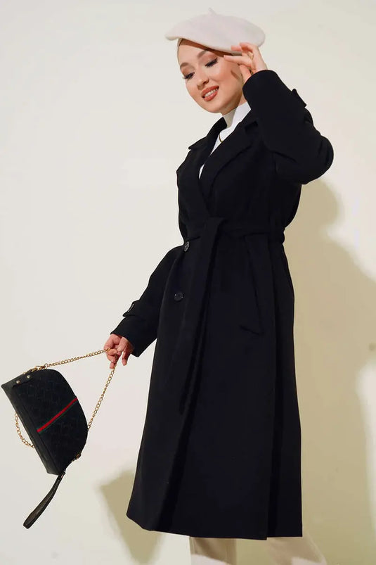 Manteau En Laine Noir À Col Croisé Et Double Bouton