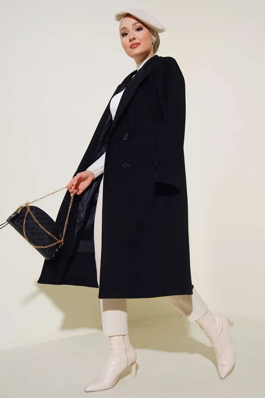 Manteau En Laine Noir À Col Croisé Et Double Bouton