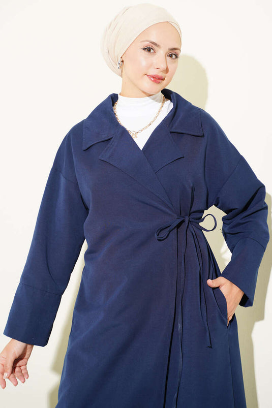 Trench-Coat Bleu Marine À Col Croisé Et À Nœud