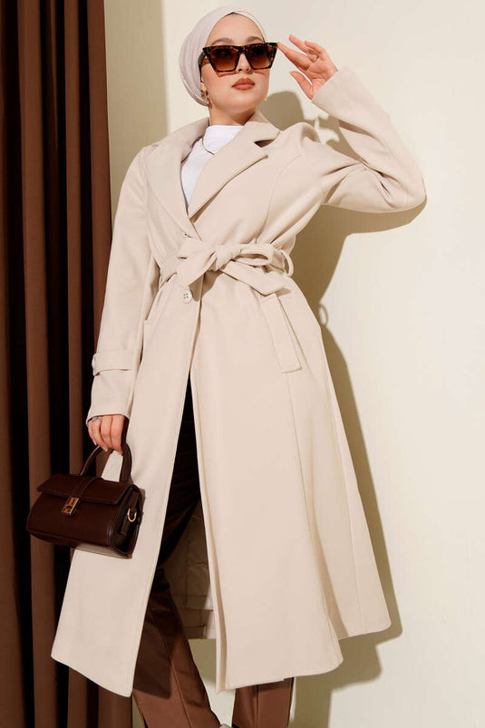 Beige Tweed Coat with Crossover Collar