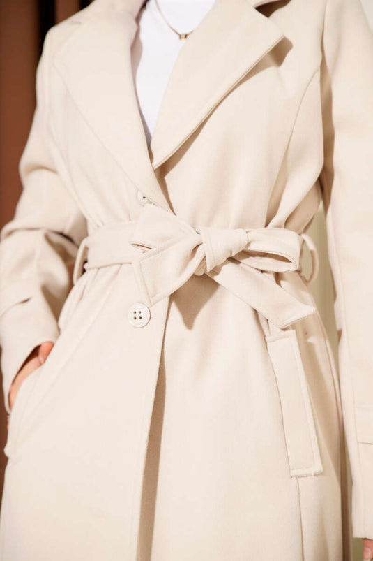 Beige Tweed Coat with Crossover Collar