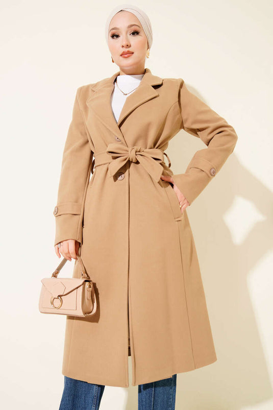 Abrigo de paño con cuello cruzado en color latte