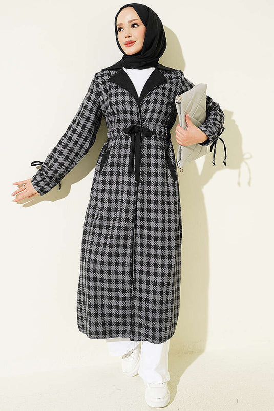 Manteau À Col Croisé Motif Pied-De-Poule Gris Fumé