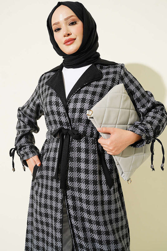 Manteau À Col Croisé Motif Pied-De-Poule Gris Fumé