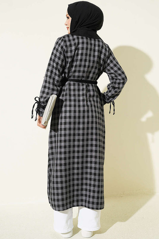 Manteau À Col Croisé Motif Pied-De-Poule Gris Fumé
