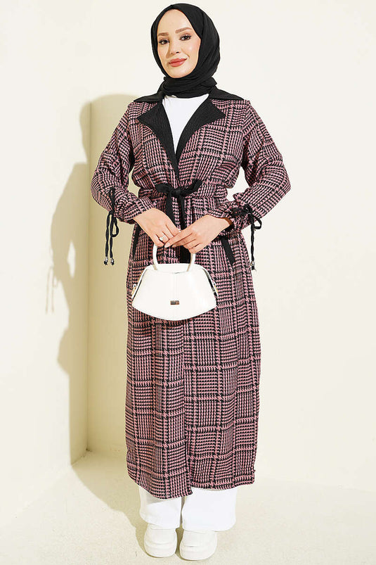 Manteau À Col Croisé À Motif Pied-De-Poule Couleur Rose Poussière