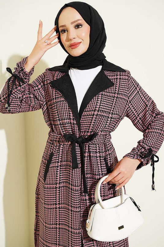 Manteau À Col Croisé À Motif Pied-De-Poule Couleur Rose Poussière