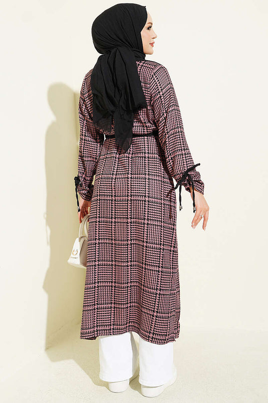 Manteau À Col Croisé À Motif Pied-De-Poule Couleur Rose Poussière