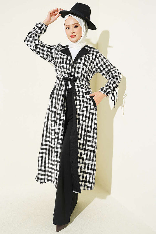 Manteau À Col Croisé Et Motif Pied-De-Poule Noir