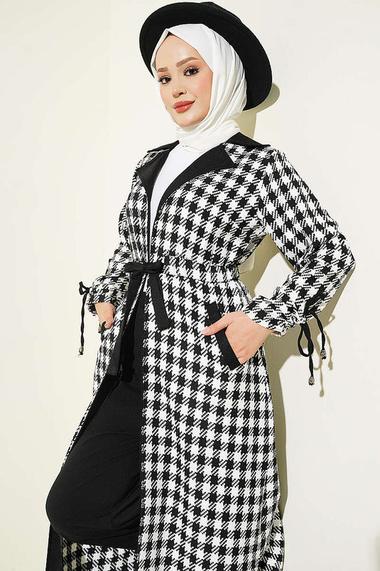 Manteau À Col Croisé Et Motif Pied-De-Poule Noir