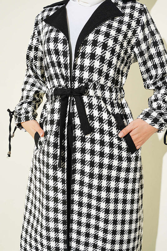 Manteau À Col Croisé Et Motif Pied-De-Poule Noir