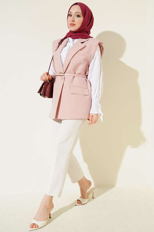Wrap Collar Belt Detail Vest Powder Pink