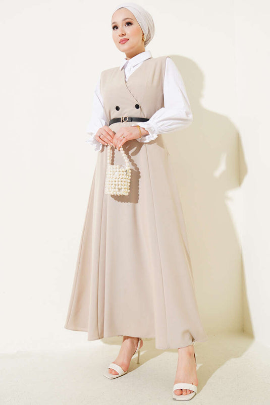 Robe gilet beige à double boutonnage et ceinture