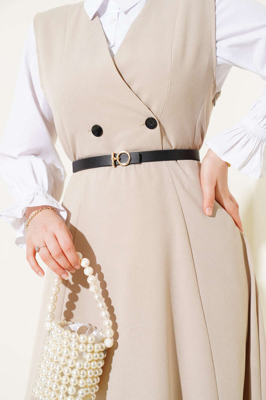 Robe gilet beige à double boutonnage et ceinture