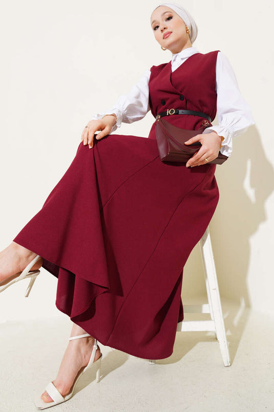 Robe gilet bordeaux à double boutonnage et ceinture
