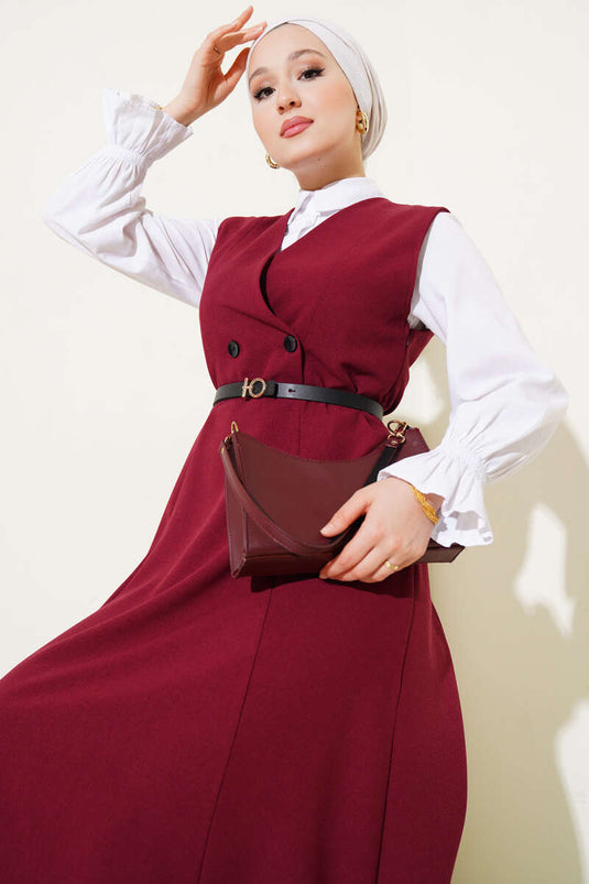 Robe gilet bordeaux à double boutonnage et ceinture