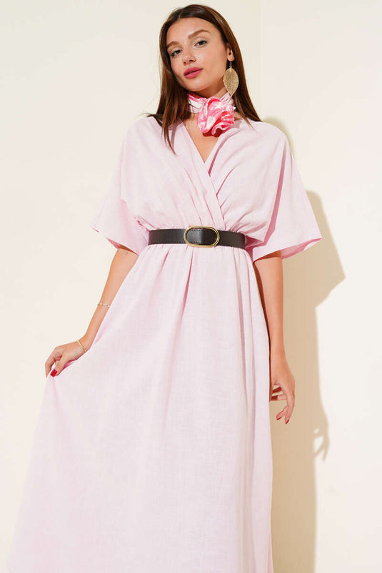 Pink Linen Midi Dress with Wrap Neckline and Belt