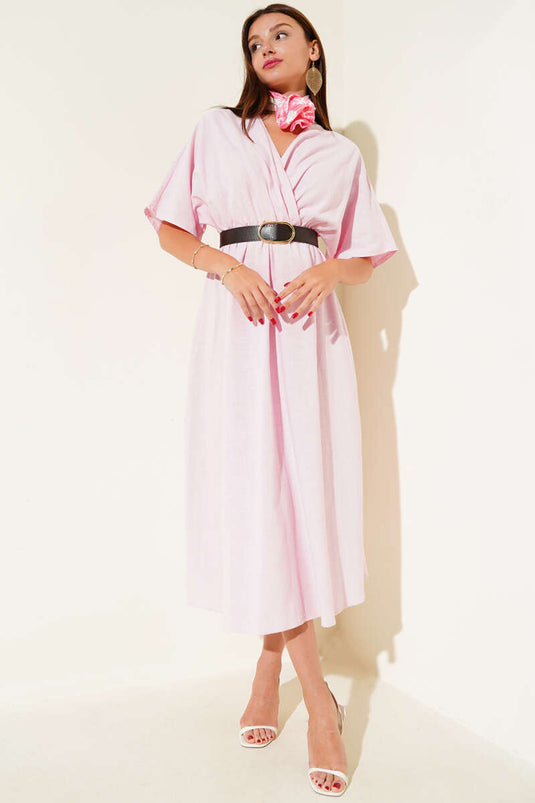 Pink Linen Midi Dress with Wrap Neckline and Belt