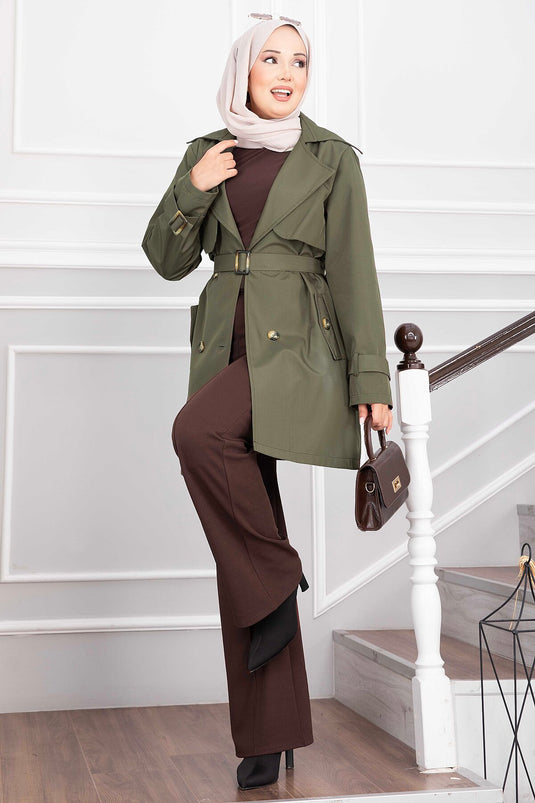 Wrap Collar Belted Trench Coat In Khaki