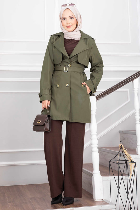 Wrap Collar Belted Trench Coat In Khaki